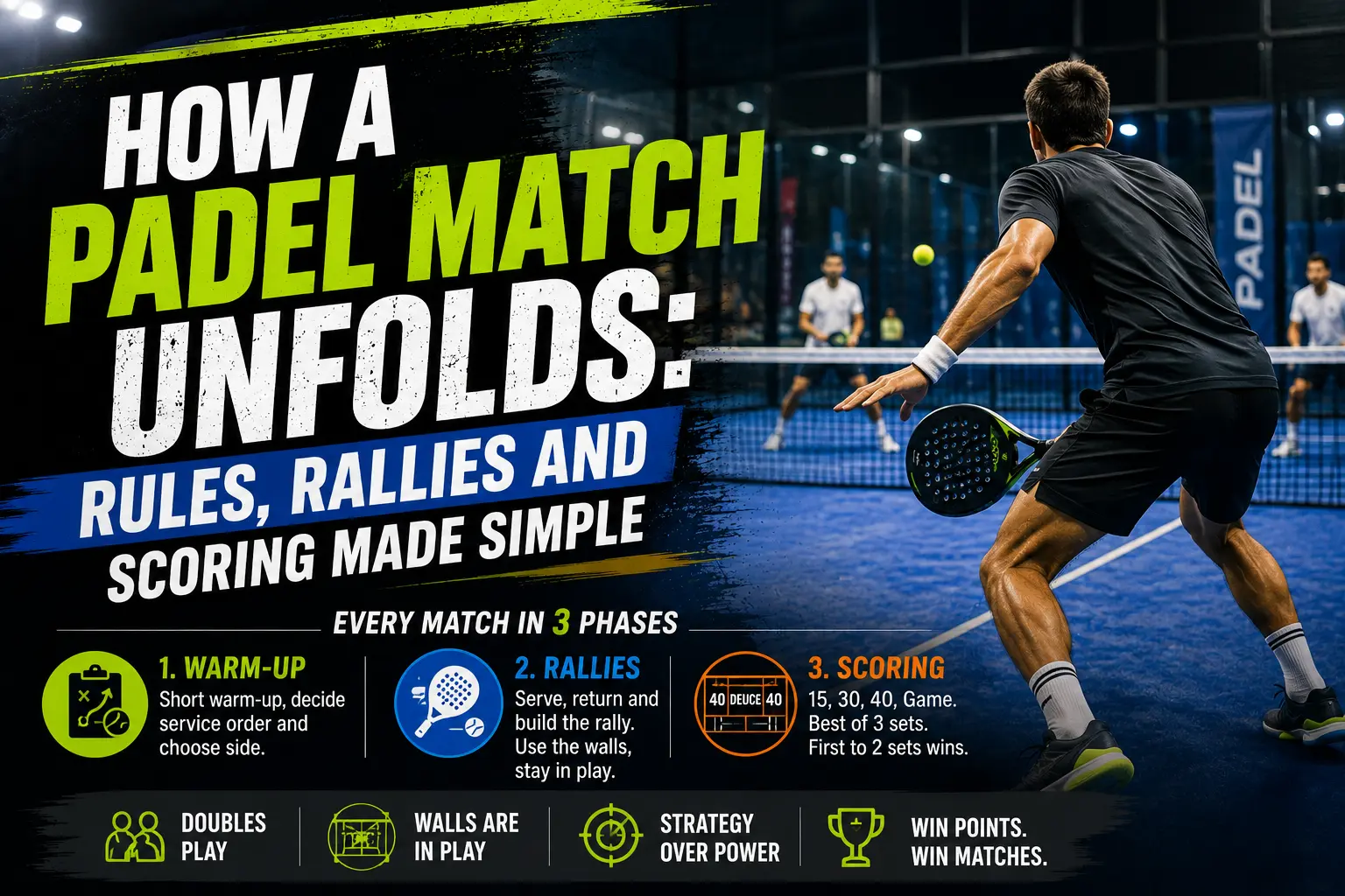 Padel match guide showing rules, rallies, scoring, warm-up, doubles play and wall strategy on court