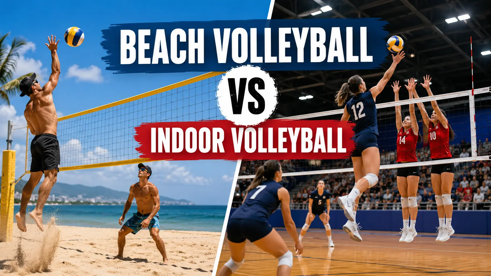 Beach volleyball vs indoor volleyball comparison showing players competing on sand and an indoor court