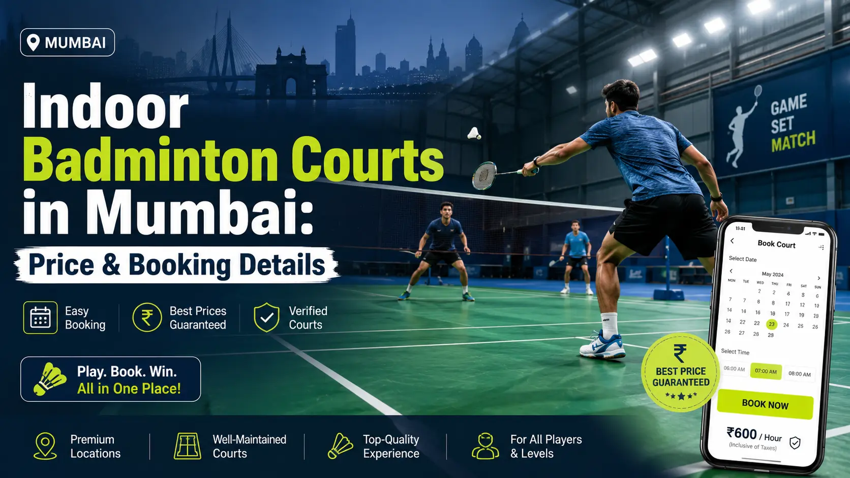 Players on an indoor badminton court in Mumbai with booking and price details shown in the featured image