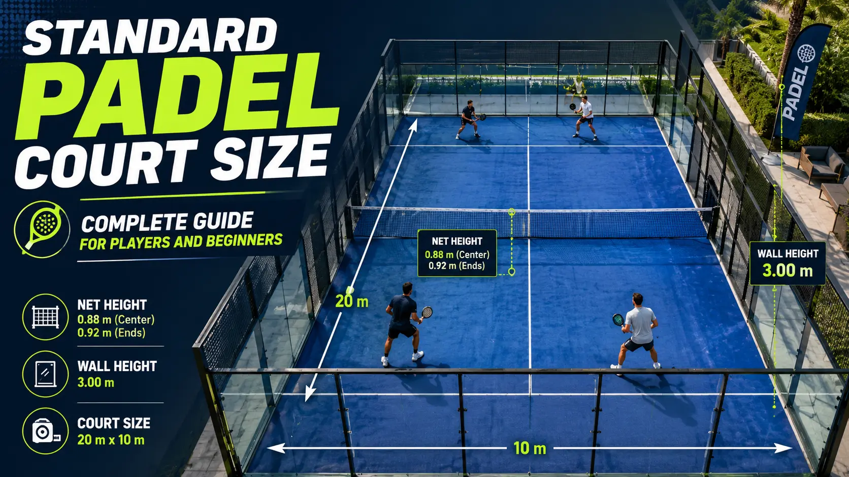 Standard padel court size with 20m x 10m dimensions, net height, wall height, and padel tennis court layout for players and beginners.