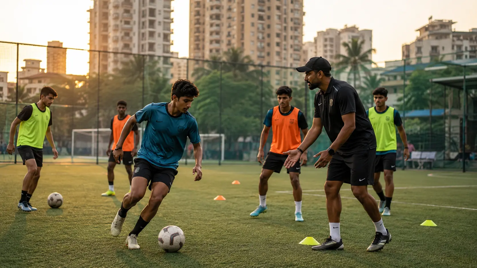 Football coach guiding young players during a training session on a city turf in Mumbai
