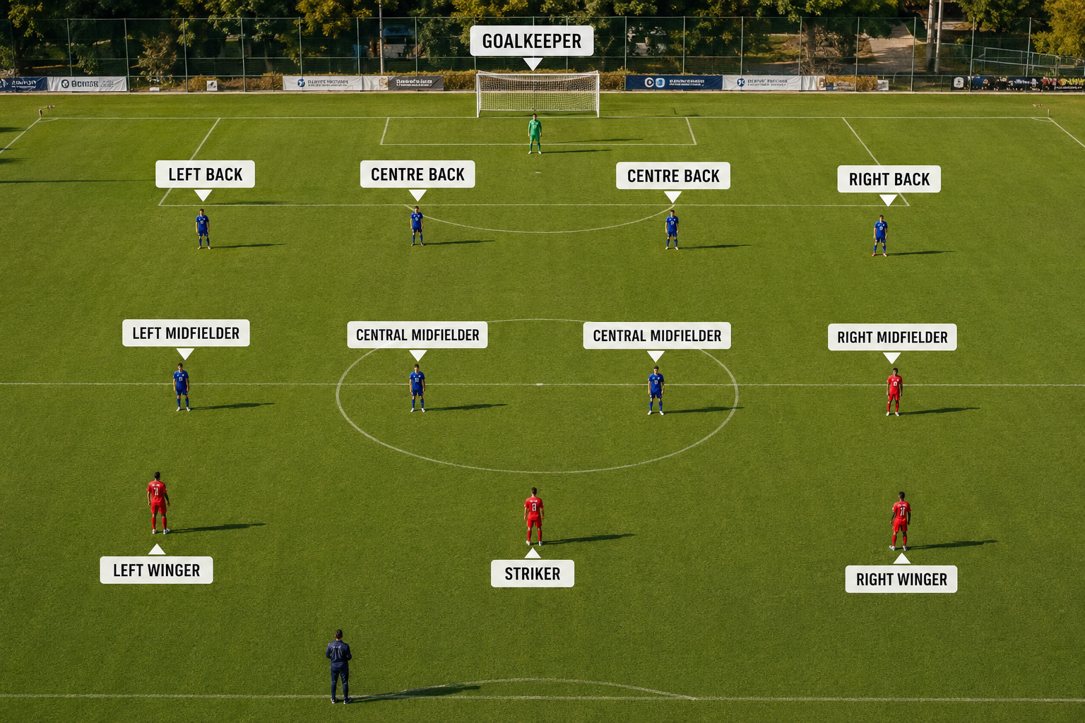 Realistic aerial view of a football pitch showing players positioned in their tactical roles, including goalkeeper, defenders, midfielders, and forwards.