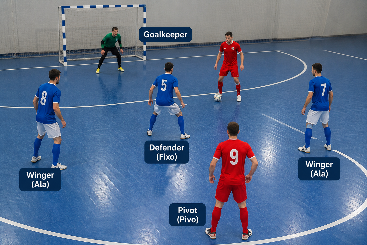 Players positioned on an indoor futsal court demonstrating the goalkeeper, fixo, ala, and pivot roles in a standard futsal formation.
