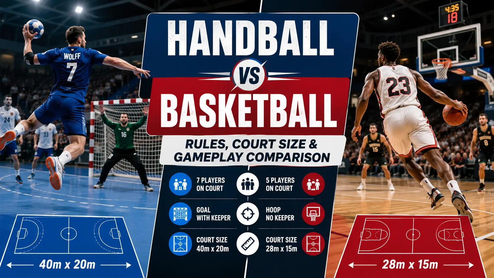 Handball vs basketball comparison showing differences in rules, court size, players, goals, hoops, and gameplay.