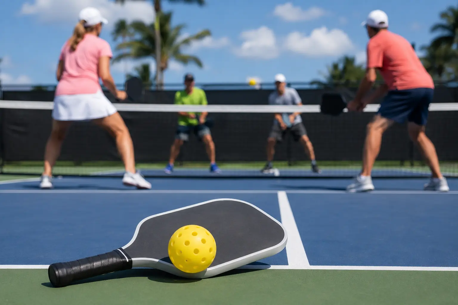 Players competing in a doubles pickleball match on an outdoor court with a pickleball paddle and ball in the foreground.
