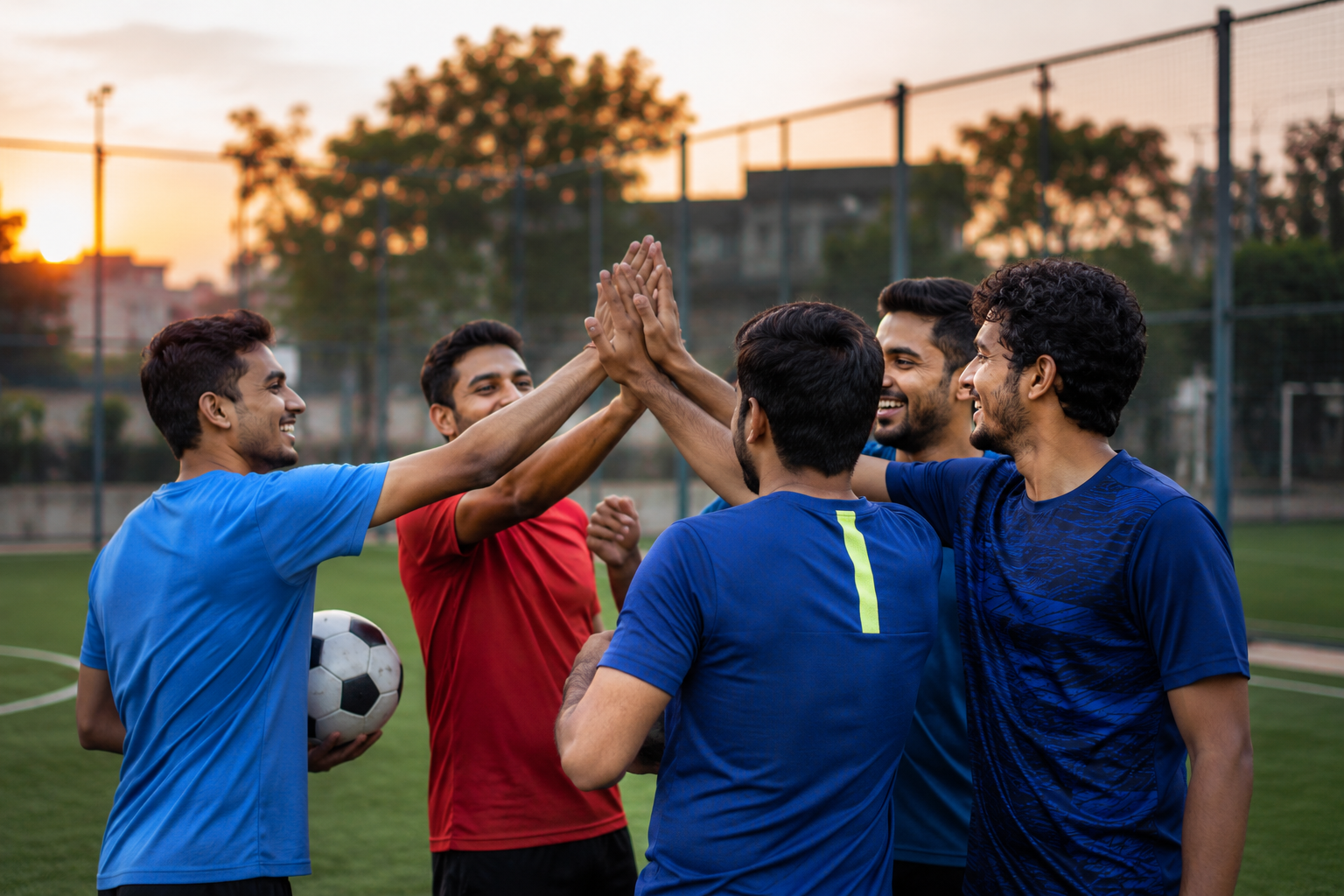 A diverse group of friends celebrating together after a community sports game, highlighting the social benefits of sports, teamwork, and lasting friendships.