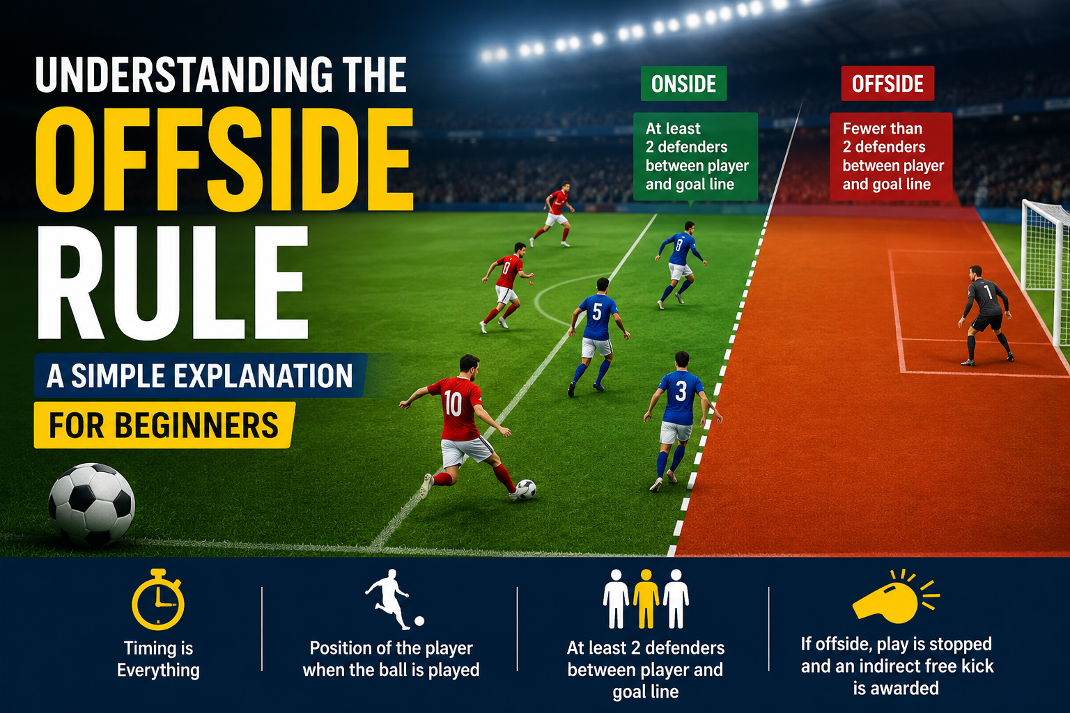 Football players on a pitch demonstrating an offside situation with defenders, an attacker, and the goal during a match.
