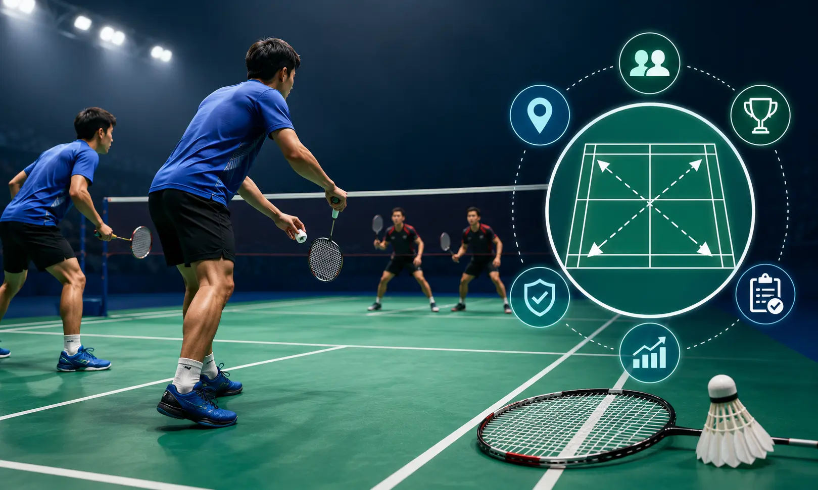 Badminton doubles players on court demonstrating service positions, rotation, and doubles court rules.