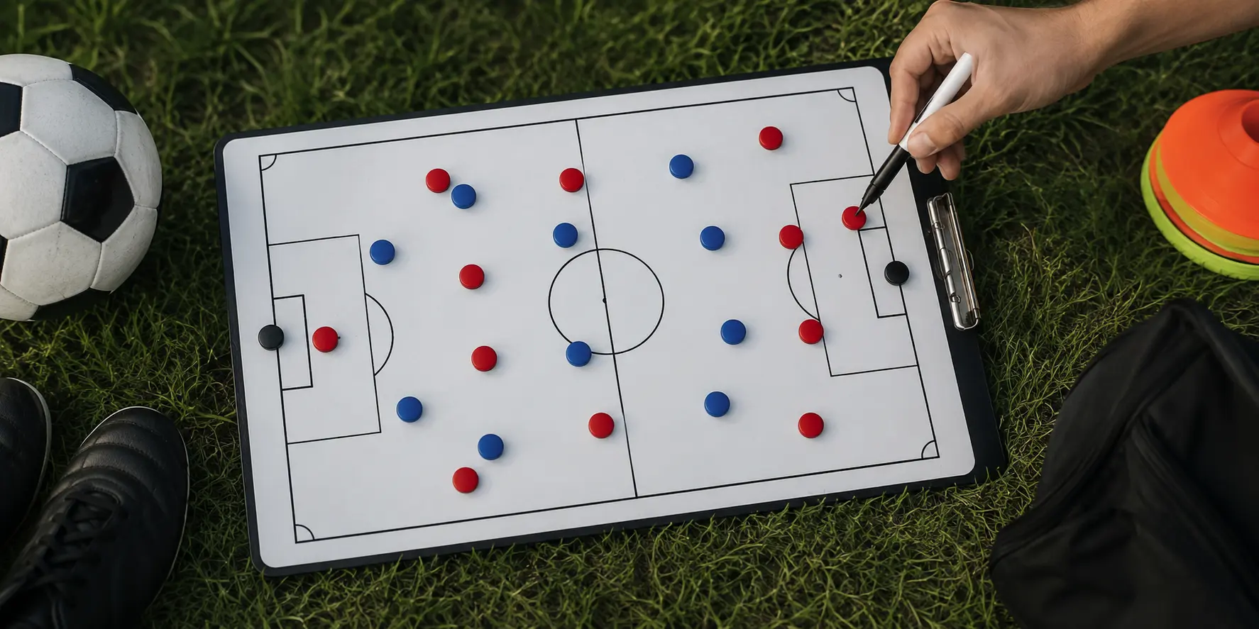 Football coach planning team formations on a tactical board
