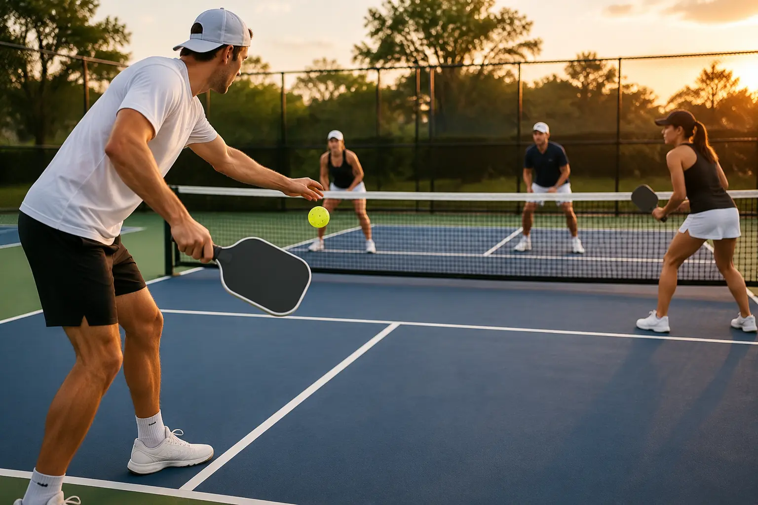 Pickleball player serving during a doubles match while following official serving rules and court positioning