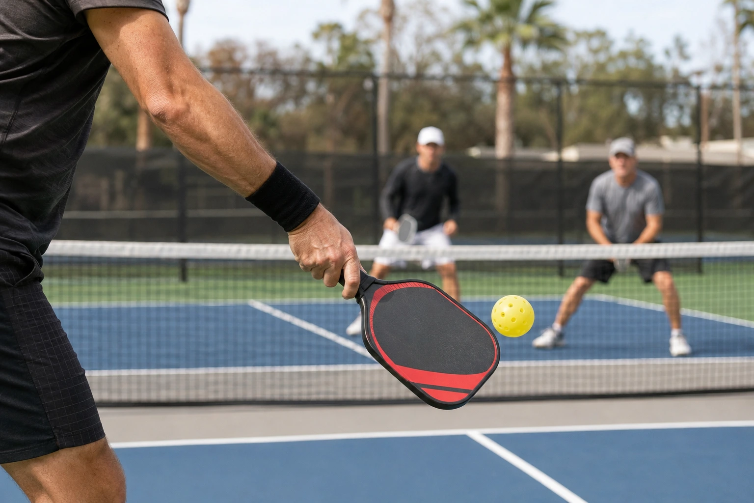 Pickleball player serving the ball during a doubles match on an outdoor court