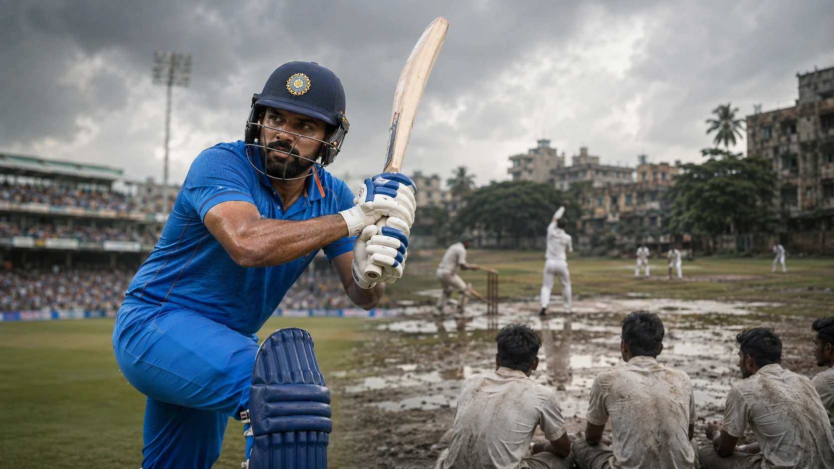 Rohit Sharma batting with a nostalgic Mumbai Kanga League cricket scene in the background