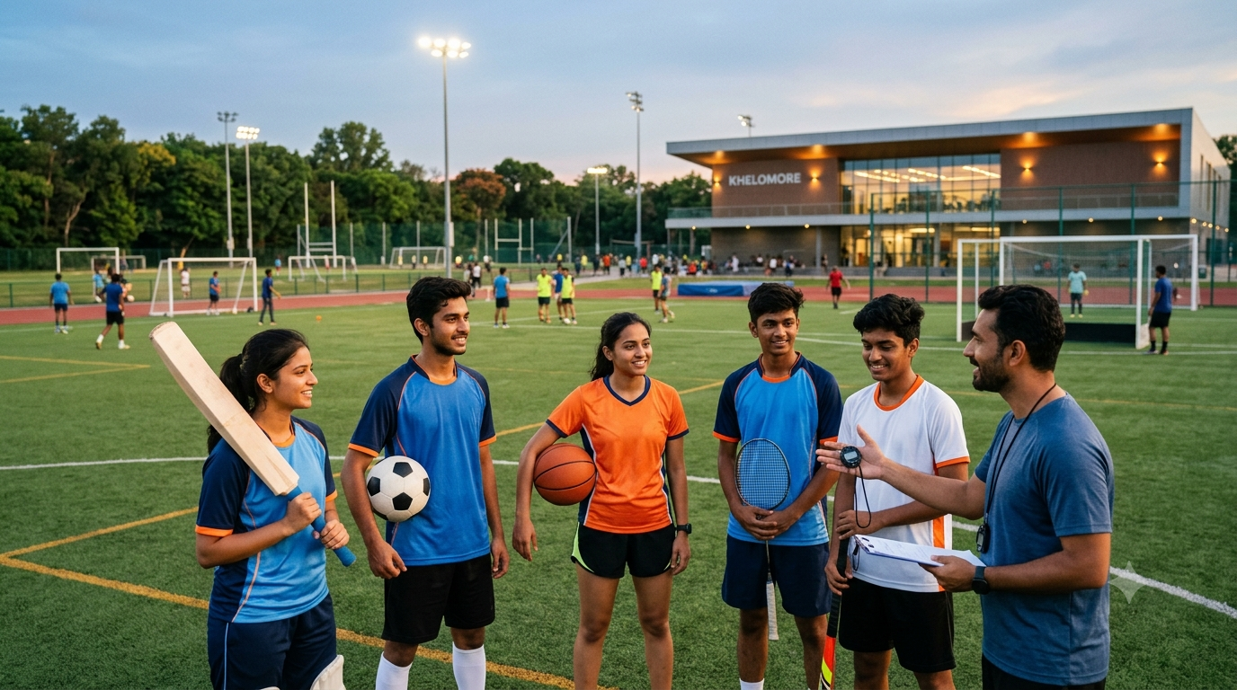 A diverse group of young sports players in athletic jerseys standing on a modern outdoor turf field, holding various sports equipment while listening to a coach holding a clipboard.