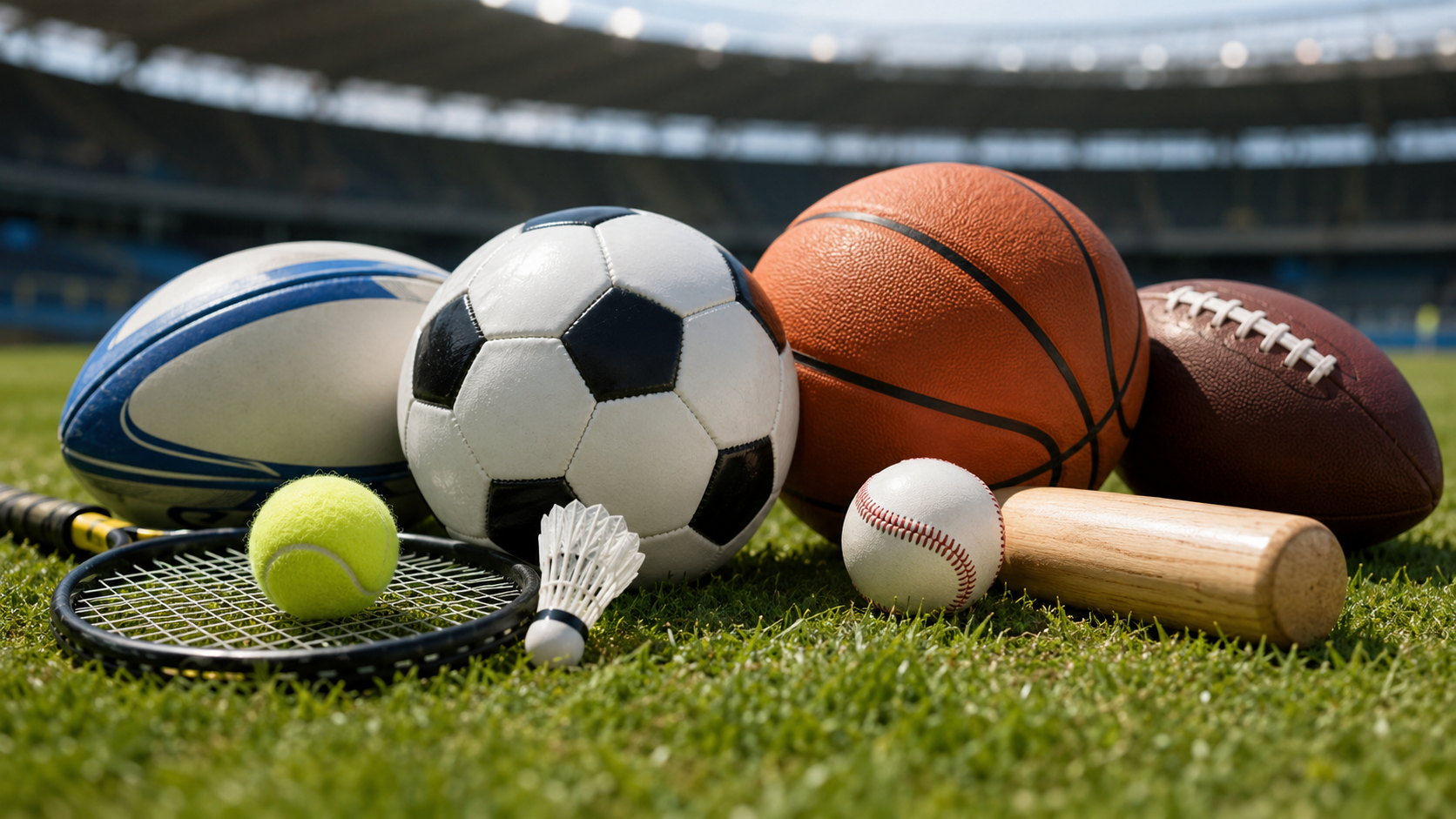 Sports equipment representing top sports clubs and major sports worldwide