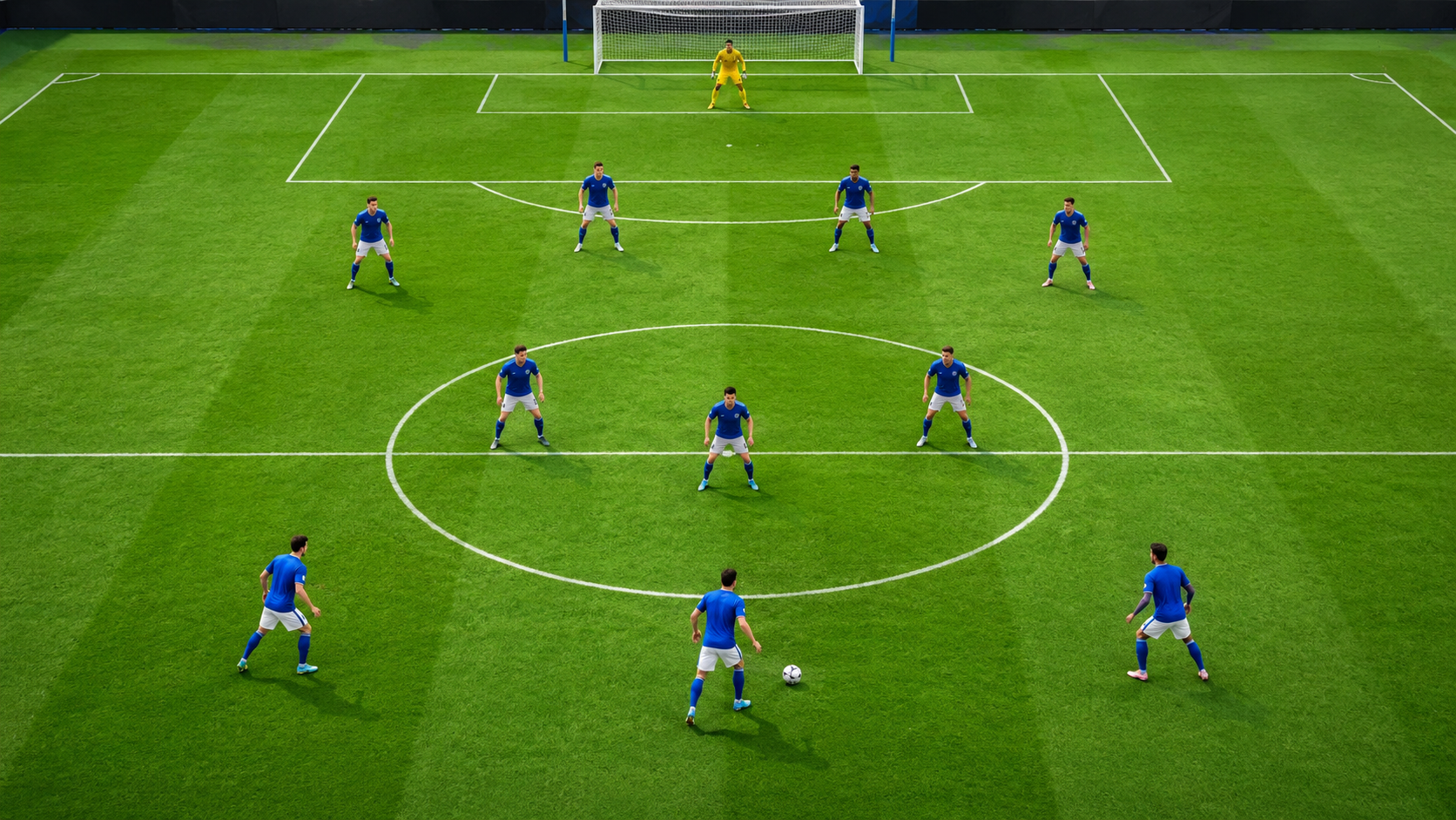 Eleven football players arranged in formation on a football pitch showing different player positions and roles