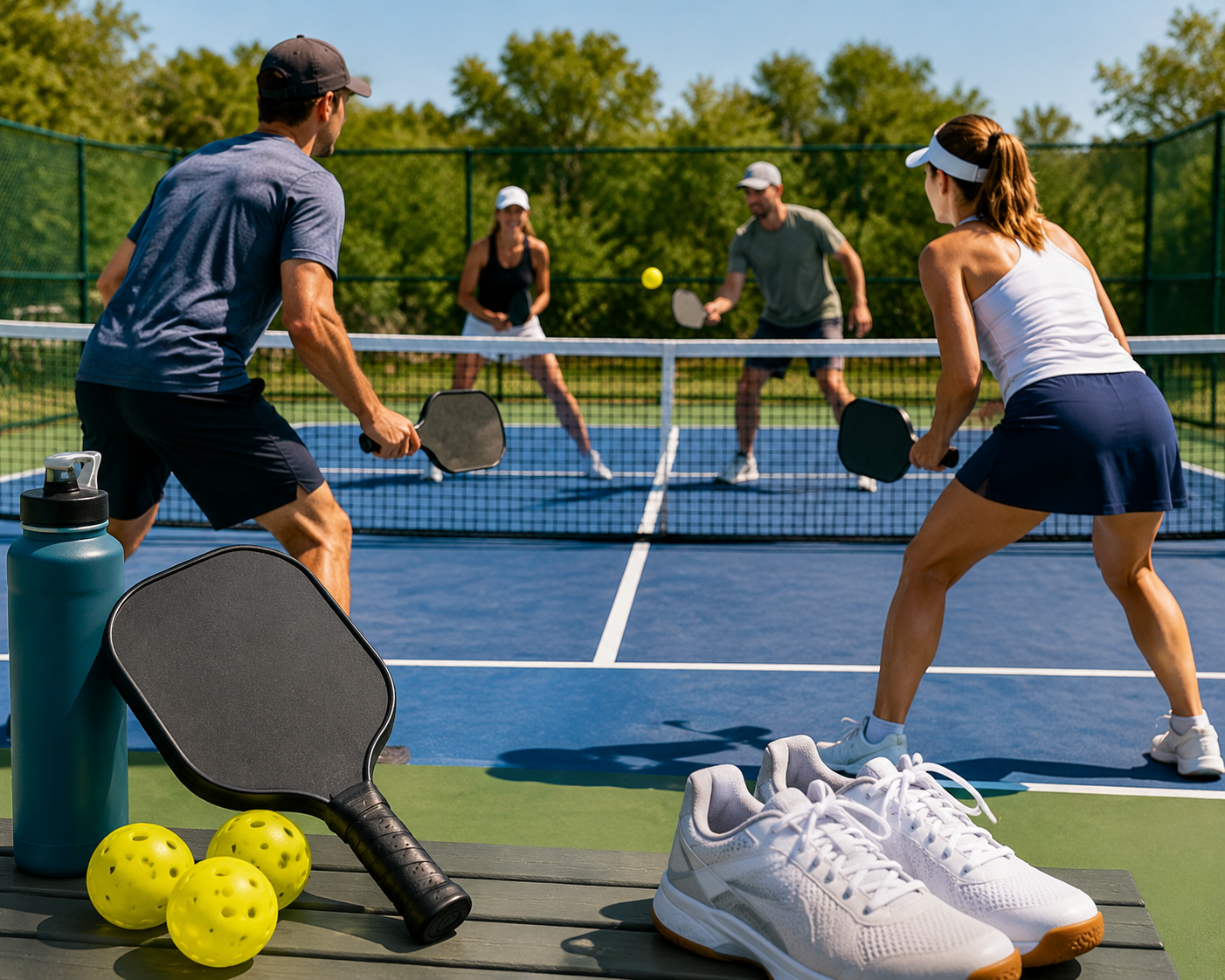 Beginners playing pickleball on an outdoor court with paddles, balls, and sports gear